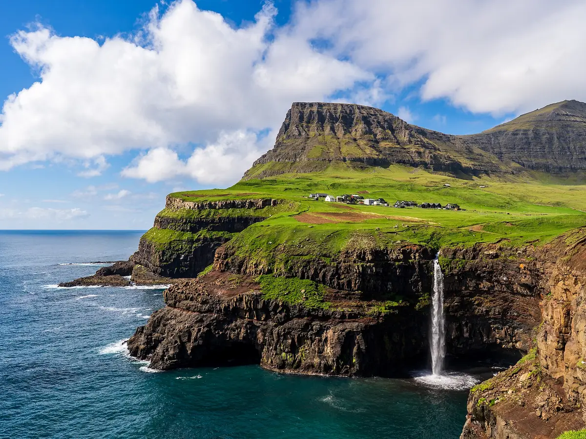 Gásadalur and the Múlafossur waterfall, Faroe Islands