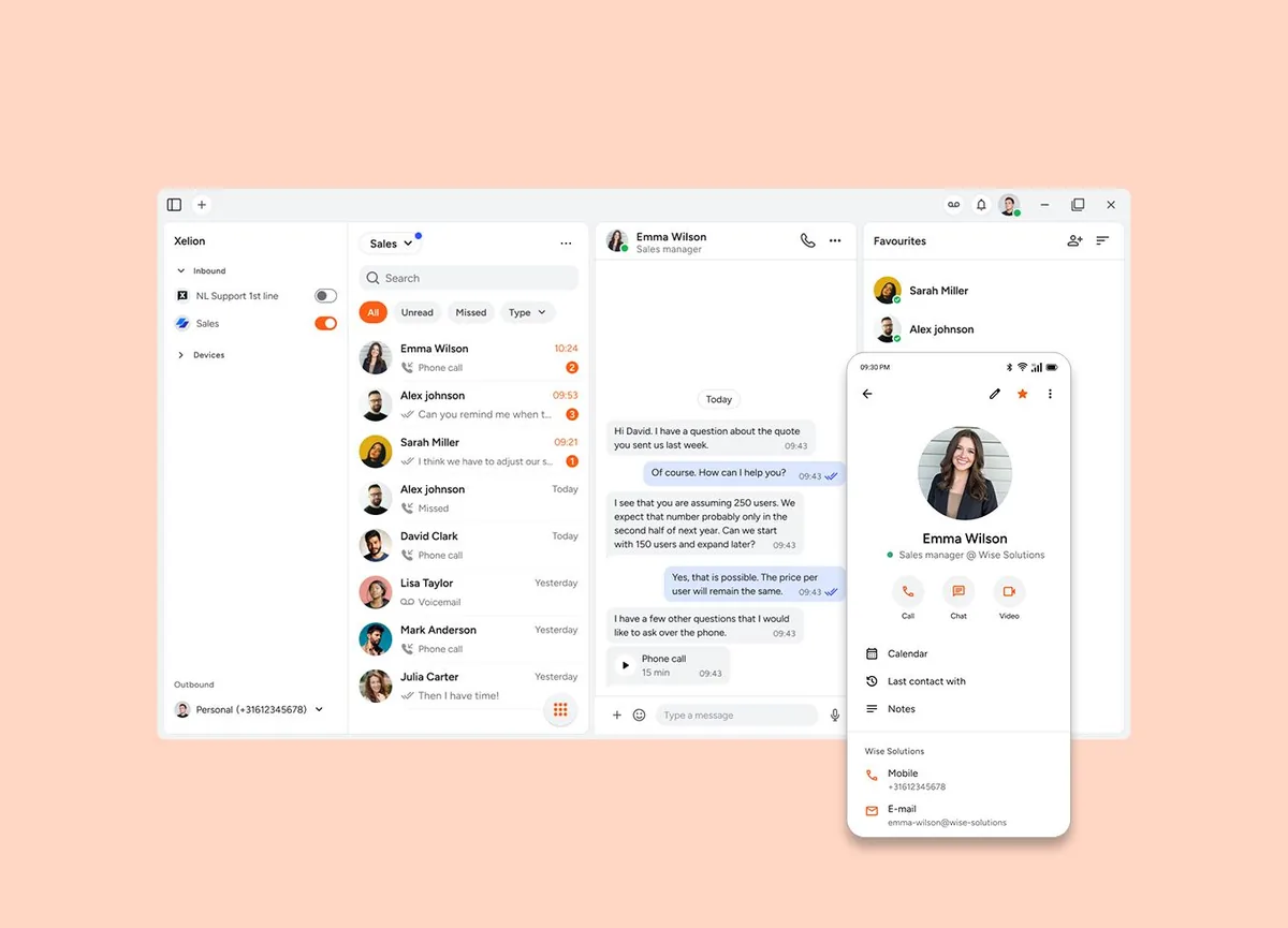 Softphone op de computer en de app op een telefoon