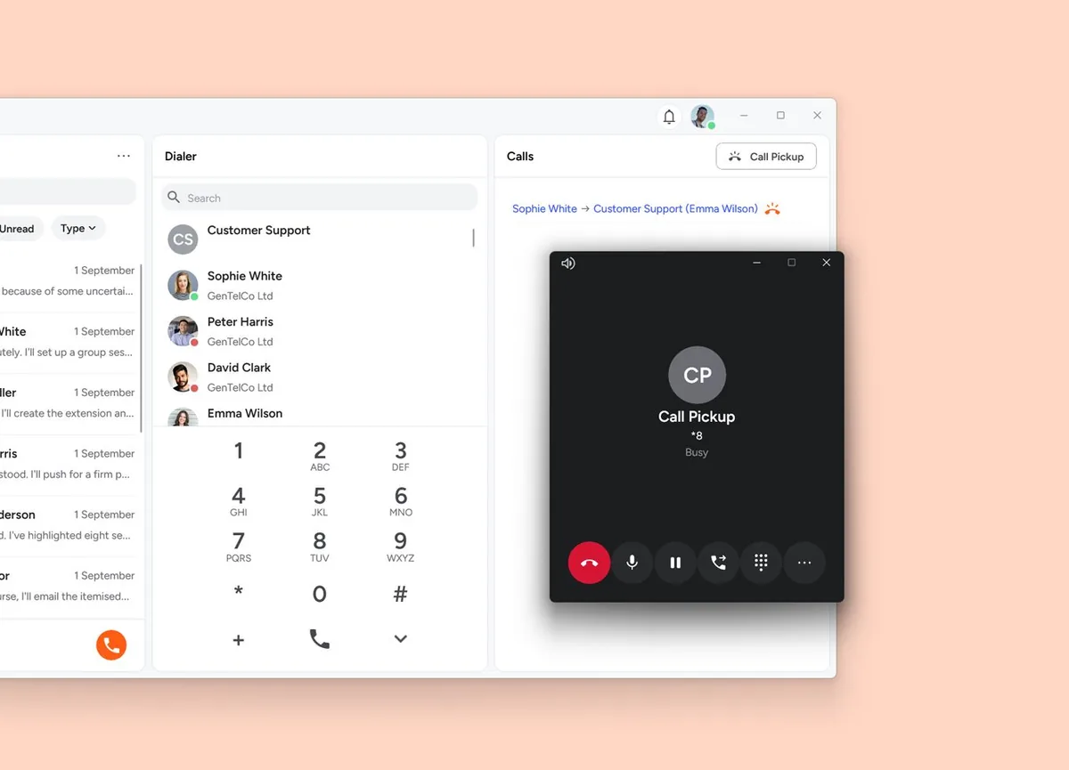 Softphone met melding om een gesprek van een collega over te nemen